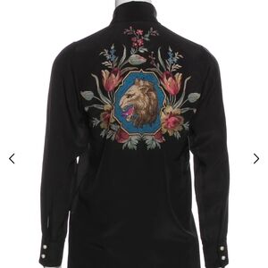 Gucci Black Blouse with Embroidered Lion and Floral Design